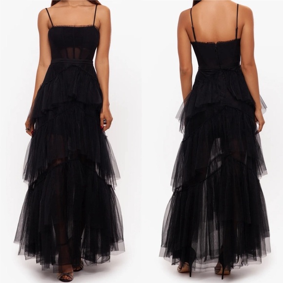 Betsy & Adam | Jasmine Long Spaghetti Strap | Mesh Corset Blk Gown | Women’s 10 - Picture 1 of 5
